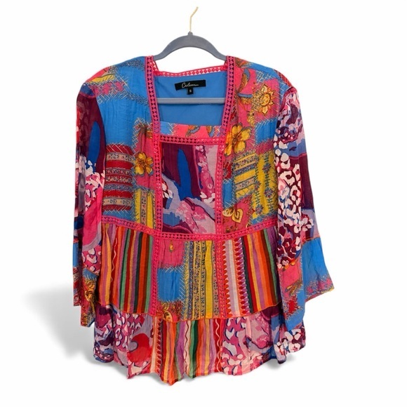Calessa Tops - CALESSA S Fiesta Patchwork Print Boho Square-Neck 3/4 Bell Cuff Sleeve Blouse